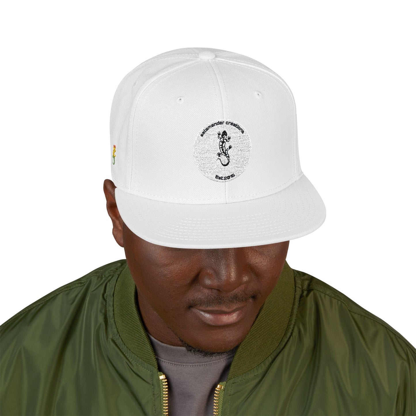 Snapback Hat — Embroidered Salamander in White Hat